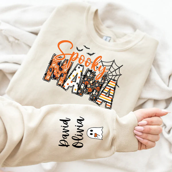 Custom Halloween Spooky Mama Sweatshirt with Kid's Names on the Sleeve