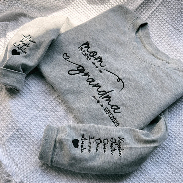 Custom Embroidered From Mom to Grandma Sweatshirt with Kids Names on Sleeves, Christmas Gift for Grandma