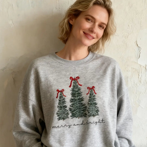 Custom Merry & Bright Christmas Tree Embroidered Crewneck Sweatshirt - 3 Christmas Trees