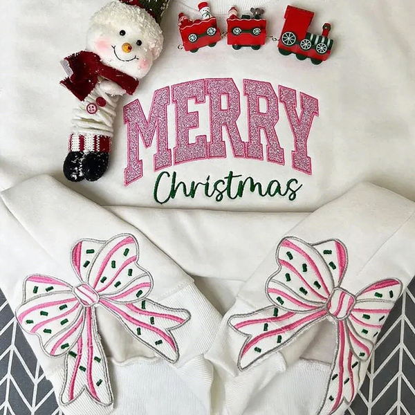 Merry Christmas Pink Side Bow Embroidered Sweatshirt Glitter Christmas Sweatshirt Holiday Apparel