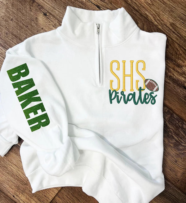 Personalized Football Quarter Zip Pullover – Custom Team Abbreviation & Glitter Sleeve Name