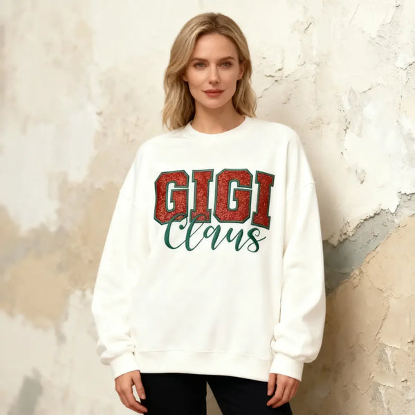 Custom Embroidered Glitter Gigi Mimi Mama Claus Sweatshirt with Names on Sleeve