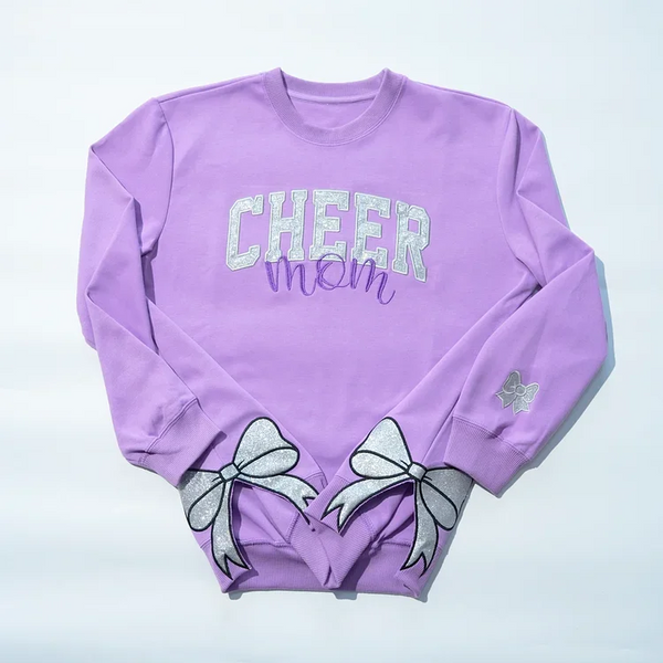 Personalized Cheer Mom Hoodie, Glitter Embroidered Pullover with Bow Bottom, Custom Cheerleading Gift
