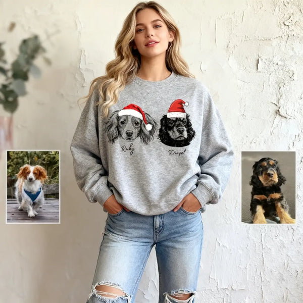 Custom Dog/Cat Santa Hat Graphic Crewneck Sweatshirt Hoodie, Christmas Gift for Pet Lover