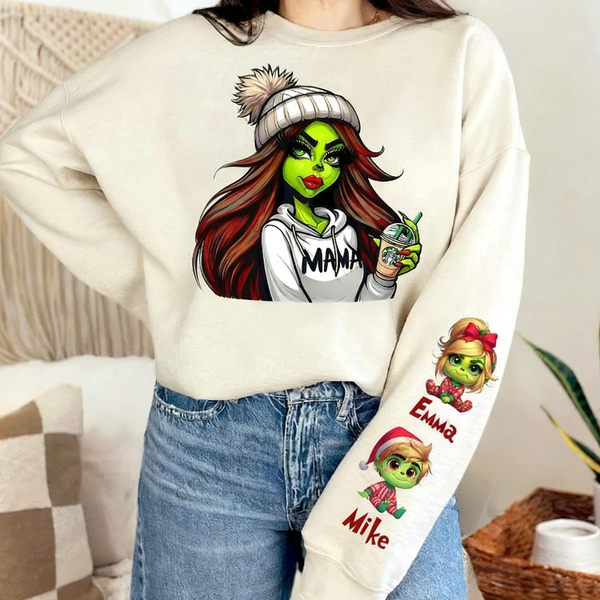 Custom Christmas MAMA Sweatshirt Gift with Kid's Names on the Sleeve