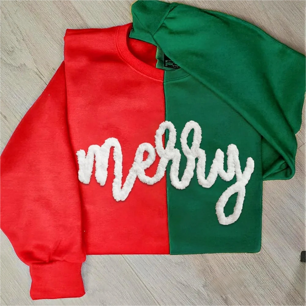 Personalized Christmas Chenille Yarn Sweatshirt Merry Christmas Two Tone Crewneck