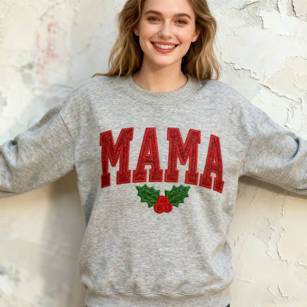 Christmas Mama Sweatshirt Embroidered Glitter Crewneck