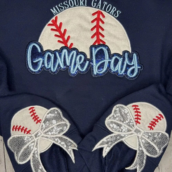 Personalized Baseball Game Day Sweatshirt with Side Bows Sequin Embroidery Pullover