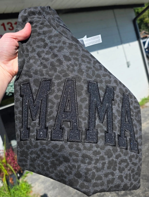 Custom Black Leopard Glitter MAMA Embroidered Sweatshirt/Tee
