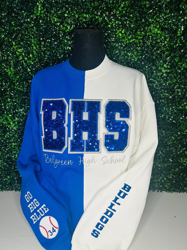 Custom Glitter & Sequins Embroidered Two Tone Team Name Sweatshirt For Game Day