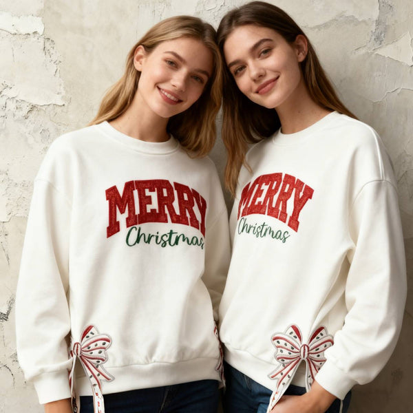 Custom Merry Christmas Glitter Sweatshirt with Bow, Holiday Outfit for Women