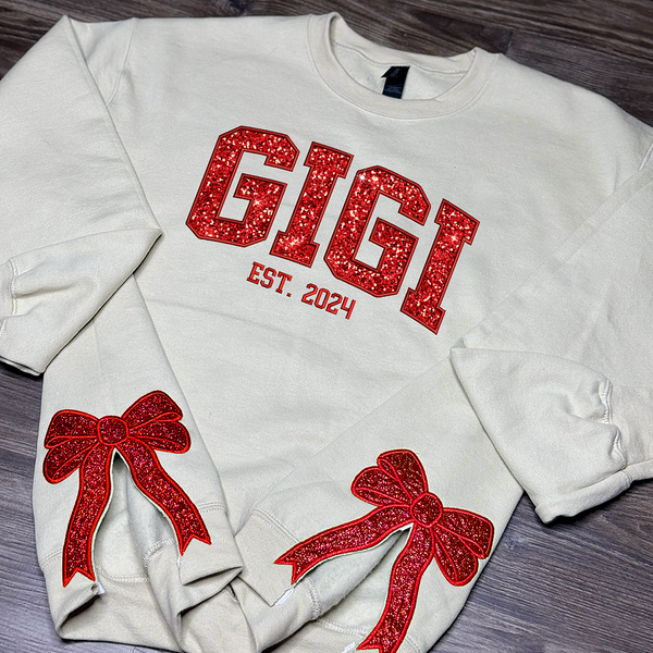 Custom Name Glitter Gigi Est Embroidered Mimi, Grandma Christmas Bow Embellished Sweatshirt