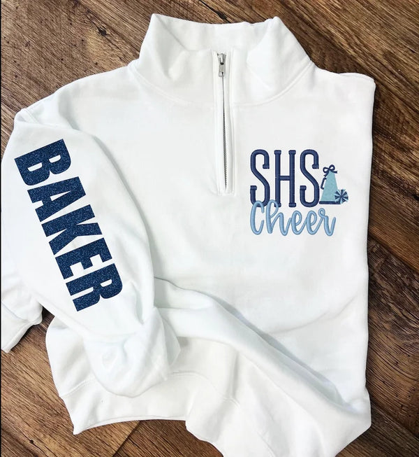 Personalized Cheer Quarter Zip Pullover – Custom Team Abbreviation & Glitter Sleeve Name