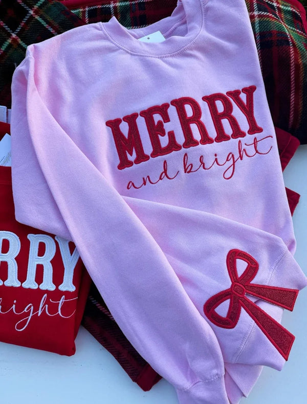 Custom Glitter Merry and Bright Sweatshirt - Side Bow Applique Holiday Gift