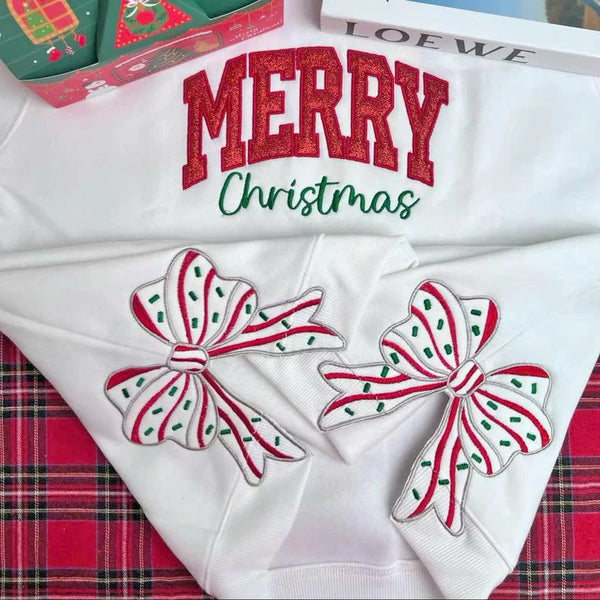 Custom Embroidered Bow Christmas Sweatshirt - Pullover Bow Side Bow Applique Hoodie