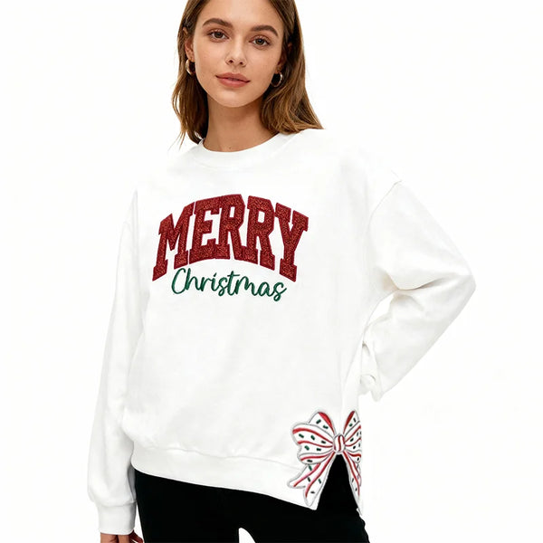 Custom Merry Christmas Glitter Sweatshirt with Bow, Holiday Outfit for Women