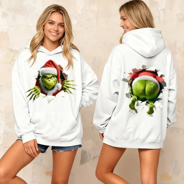 Funny Grinch Christmas Hoodie | 3D Santa Monster Sweatshirt | Front and Back Print Holiday Pullover | Ugly Christmas Gift for Friends