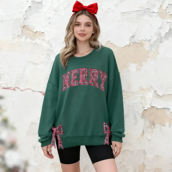 Trendy Merry Side Bow Cut-Out Sweatshirt - Cozy Plaid Christmas Pullover for Women