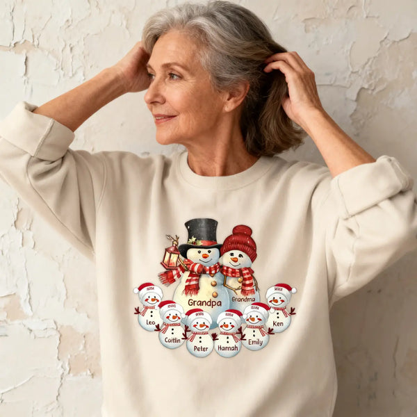 Couple Snowman Christmas Grandma Grandpa With Grandkids Personalized Sweatshirt