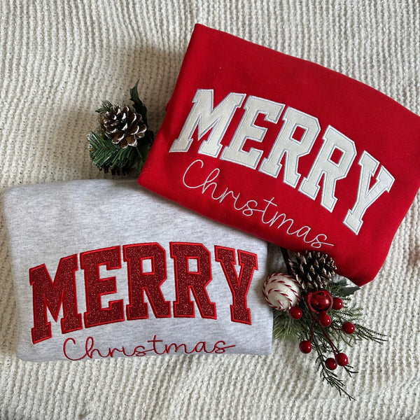 Custom Merry Christmas Glitter Sweatshirt Personalize Christmas Pullover Family Gift