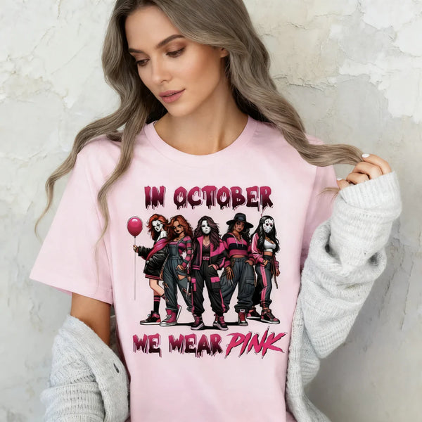 In October We Wear Pink Horror Movie T-Shirt Breast Cancer Awareness Tee Halloween Sweatshirt