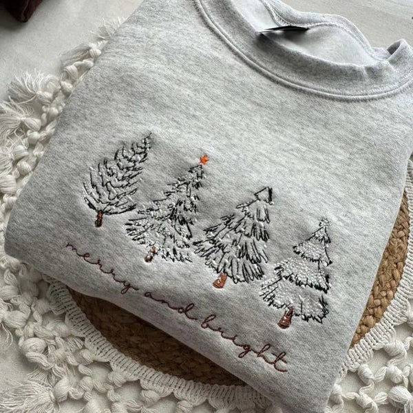 Merry & Bright Christmas Tree Embroidered Crewneck Sweatshirt - 4 Christmas Trees