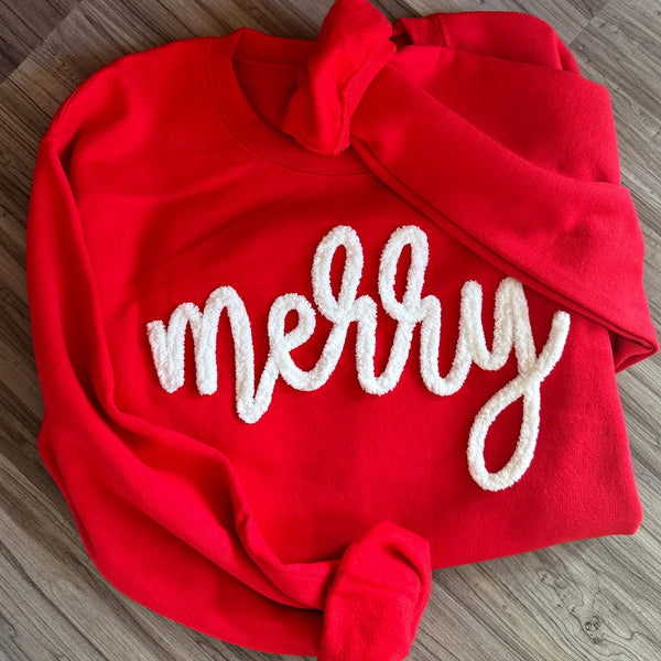 Custom Chenille Yarn Embroidered Merry Sweatshirt 🎄Merry Christmas🧑‍🎄