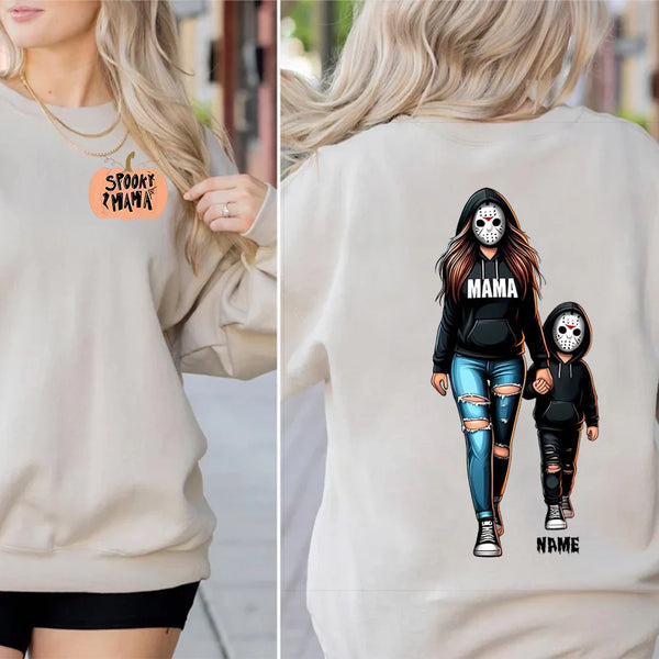 Halloween Horror Mama Custom Kids Name Sweatshirt, Custom Spooky Mama Hoodie, Killer Halloween Crewneck