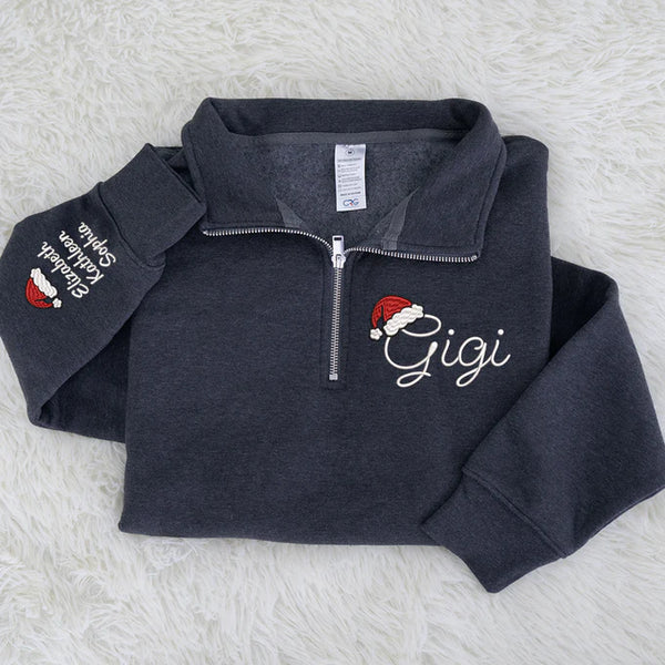 Gigi hat santa Merry Christmas Sweatshirt, Grandma And Grandkids Embroidered Quarter Zip Sweater
