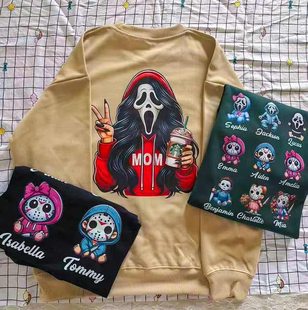 Custom Halloween MAMA/DAD Shirt Gift with Kid's Names on the Chest Double-side Print T-shirt/Sweatshirt