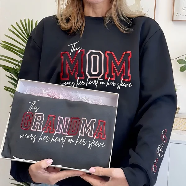 Wear Your Heart on Your Sleeve – Embroidered Mama Sweatshirt with Kids’ Names | for Mom and Grandma Christmas Gift