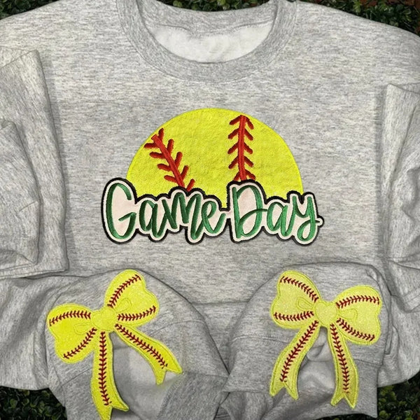 Personalized Softball Game Day Glitter Sweatshirt with Side Bows Softball Mom Sweatshirt