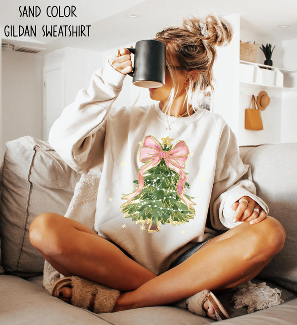 Christmas Tree Bow Shirt, Christmas Sweatshirt for Women, Christmas Tree Tshirt, Christmas Coquette Christmas Shirt