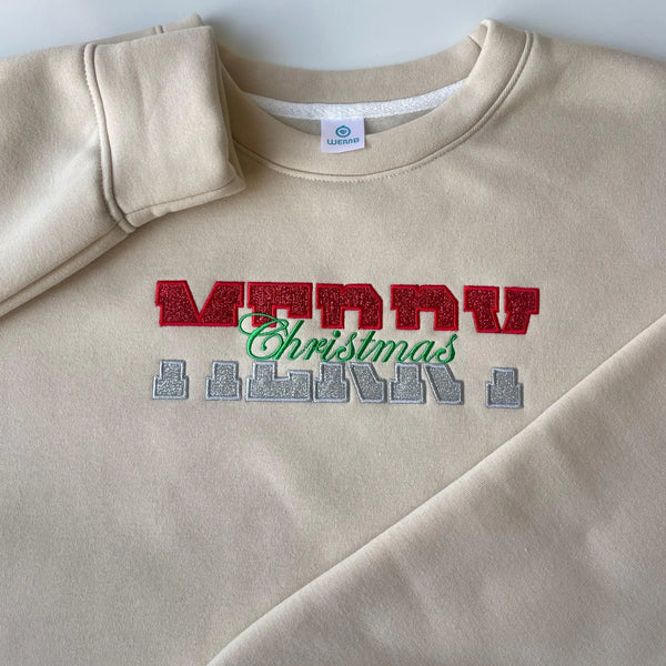 Embroidered Glittered Merry Christmas Sweatshirt, Youth Ribbon Side Cut-Out Sweater, Unisex Cotton Colorful Coquete Bow