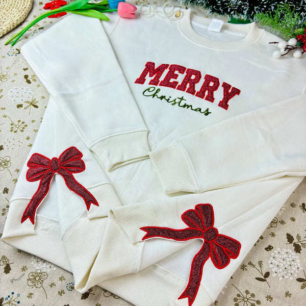 Merry Christmas Side Bow Embroidered Sweatshirt, Glitter Holiday Crewneck, Cute Xmas Bow Applique Hoodie, Festive Christmas Shirt Gift