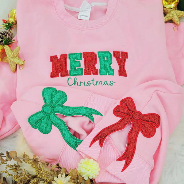 Merry Christmas Bow Sweatshirt, Pink Glitter Embroidered Crewneck, Coquette Holiday Sweatshirt, Trendy Red Green Bow Gift