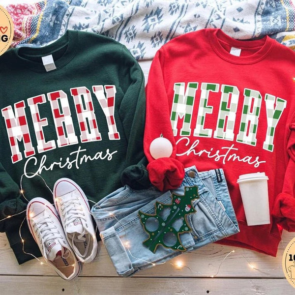 Merry Christmas" Plaid Graphic Sweatshirt