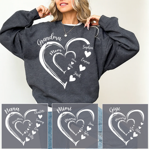 Personalized Generations Heart Sweatshirt – Grandma & Mom Custom Names – Double Heart Family Christmas Gift